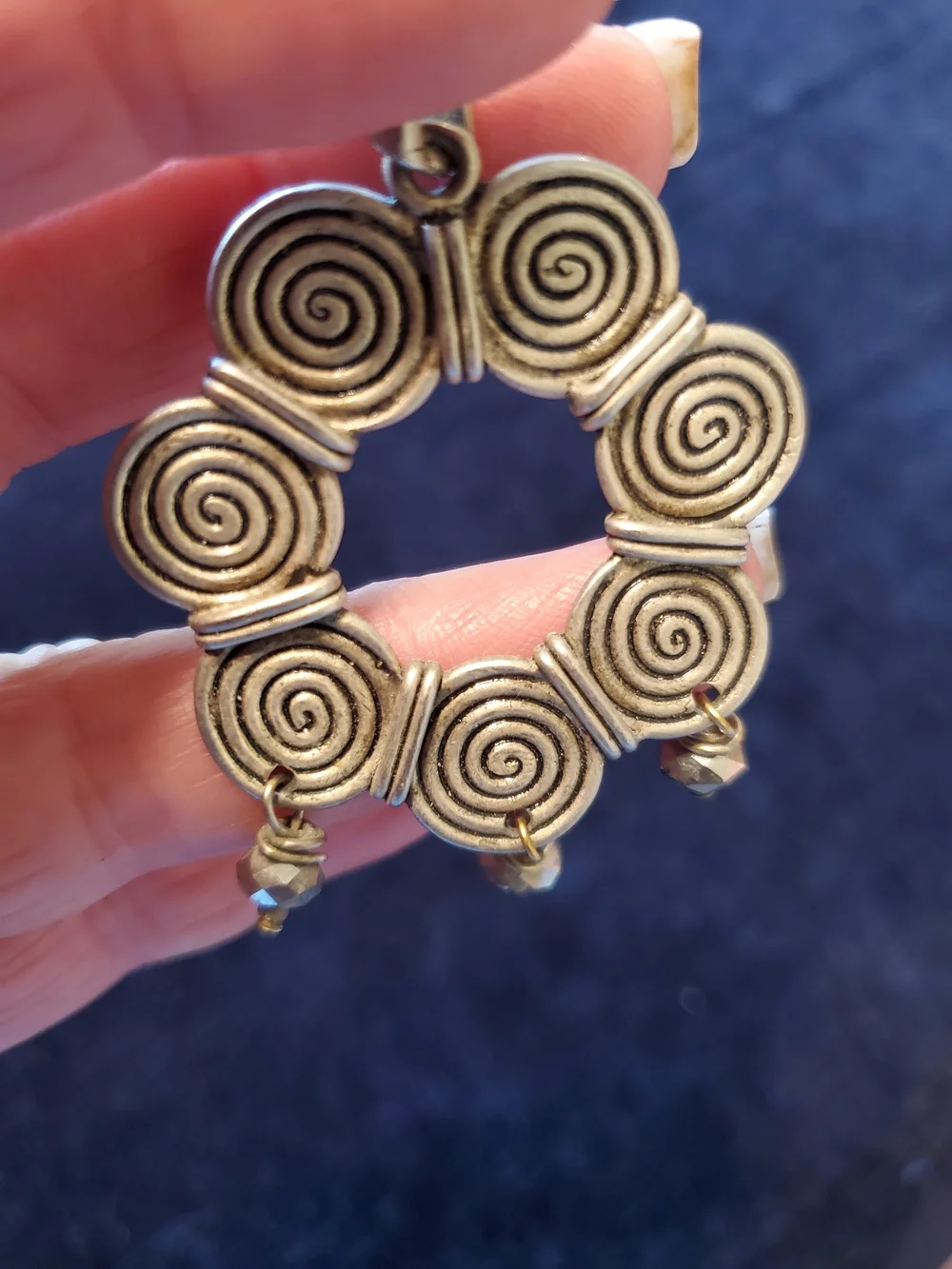 Spiral Circle Silver Pewter Pendant with Dangle Beads